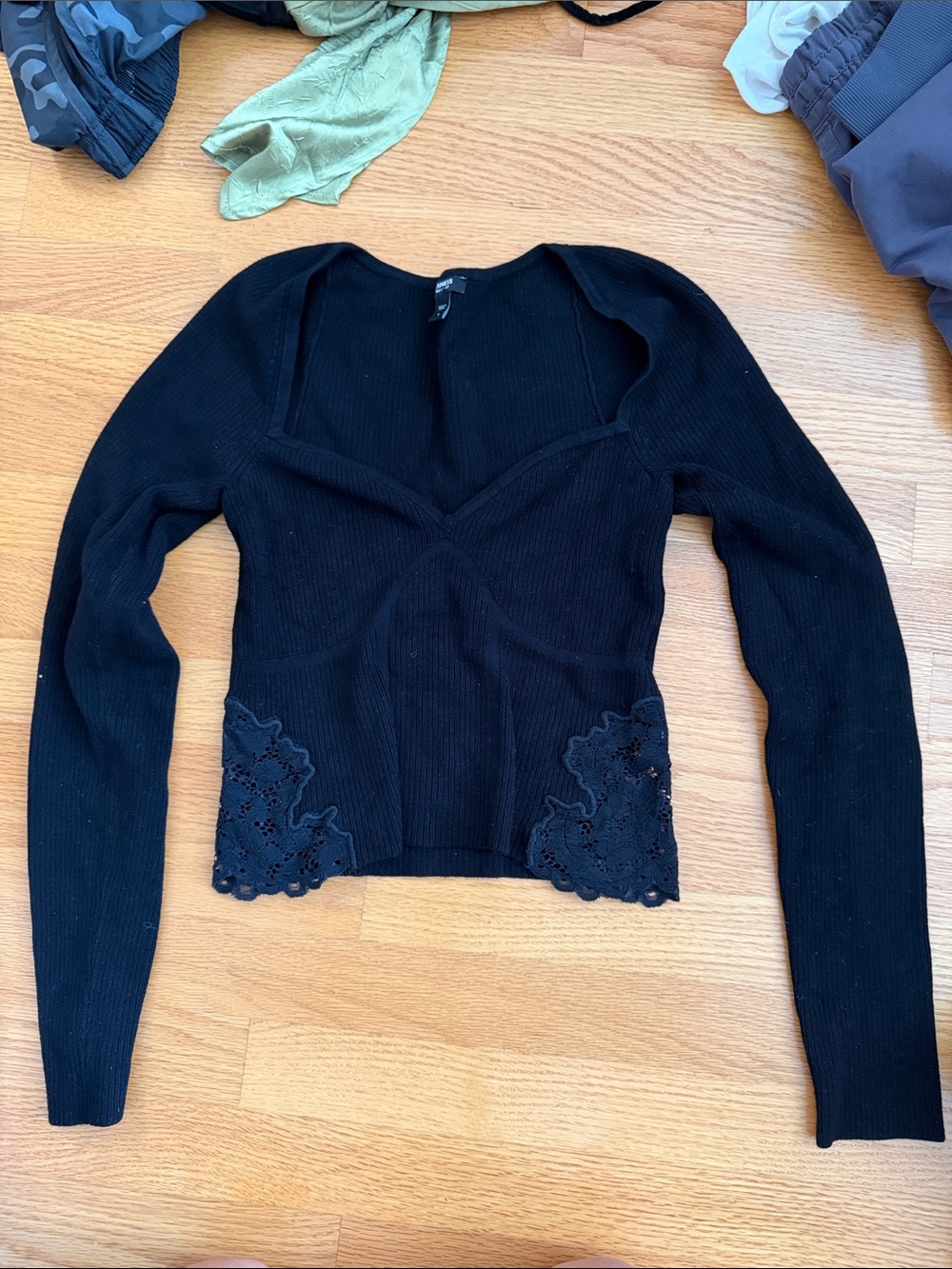 Express Black Long Sleeve V-Neck Knit Top with Lace Trim